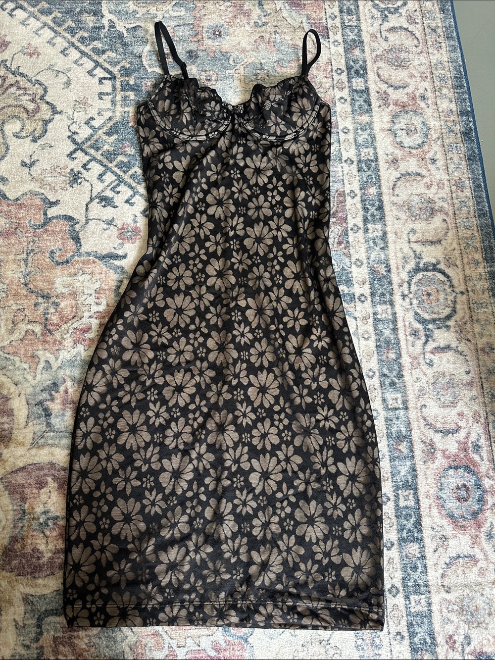 Victoria's Secret Black Slip Mini Dress with Beige Floral Lace